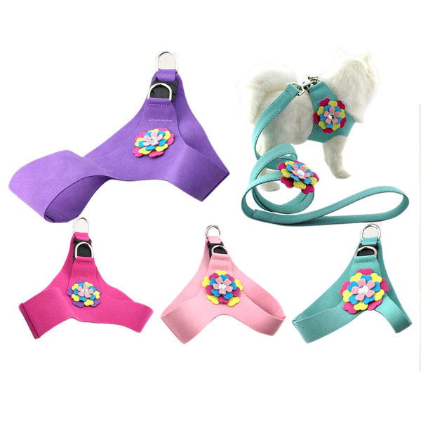 Arnés Pectoral para Mascotas con Patrón de Flores de Terciopelo y Cuerda de Tracción