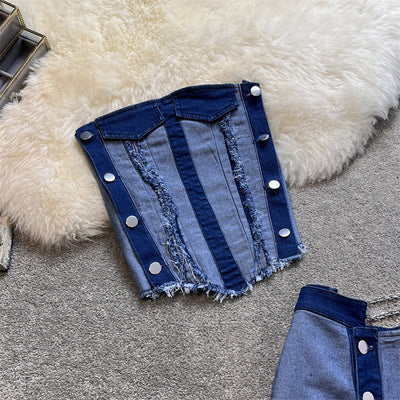 Conjunto Denim Tube Top con Falda Corta Irregular - Image 4