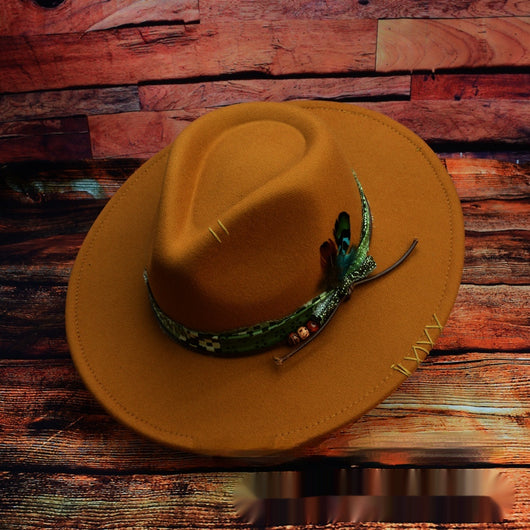 Sombrero Fedora de Fieltro de Lana con Diseño Occidental Artesanal y Pluma Decorativa - Image 7