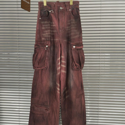 Pantalón Denim Rojo Óxido Ancho con Bolsillos Grandes y Efecto Desgastado - Image 13