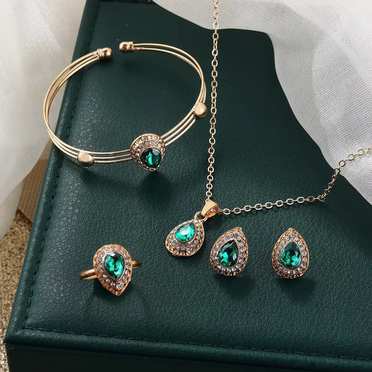 Conjunto de Joyería Mujer Serie Gota de Agua con Gemas - Collar, Aretes, Anillo y Pulsera - Image 3