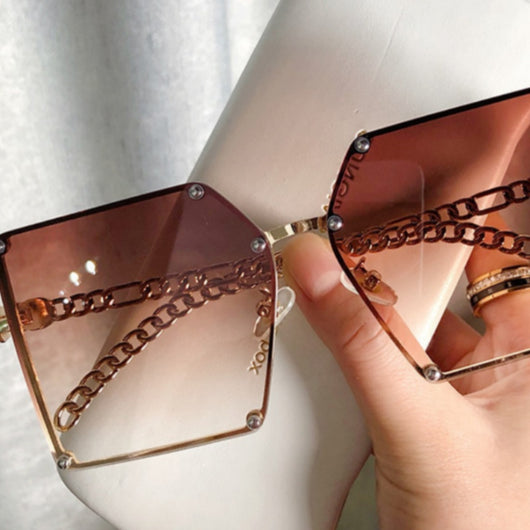 Gafas de Sol Cuadradas Grandes sin Marco para Mujer - Estilo Trendy con Cadena Metálica