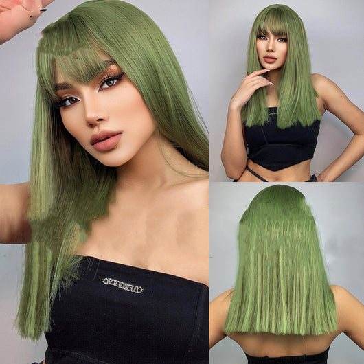 Peluca Cabello Liso Verde Plantas con Flequillo - Image 10