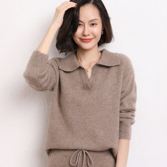Suéter Polo Cashmere Suelto de Manga Corta para Mujer