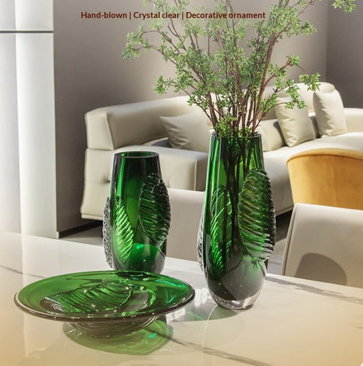 Jarrón de Cristal Verde Esmeralda Estilo Chino para Sala y Comedor