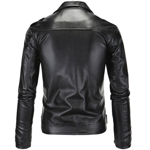 Chaqueta de Cuero Slim con Cremallera Diagonal y Solapa