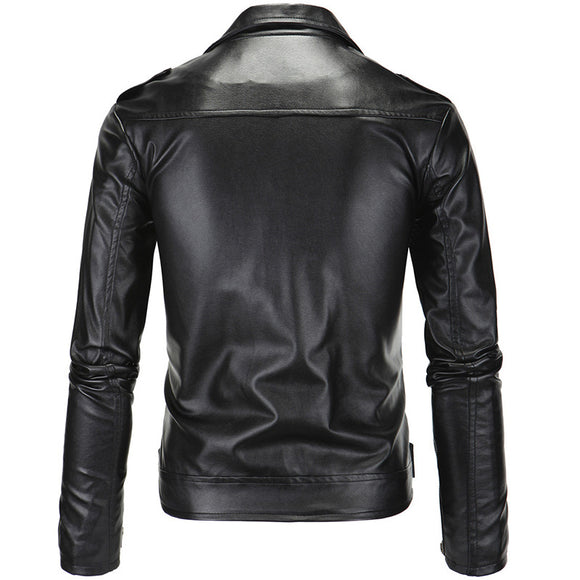 Chaqueta de Cuero Slim con Cremallera Diagonal y Solapa