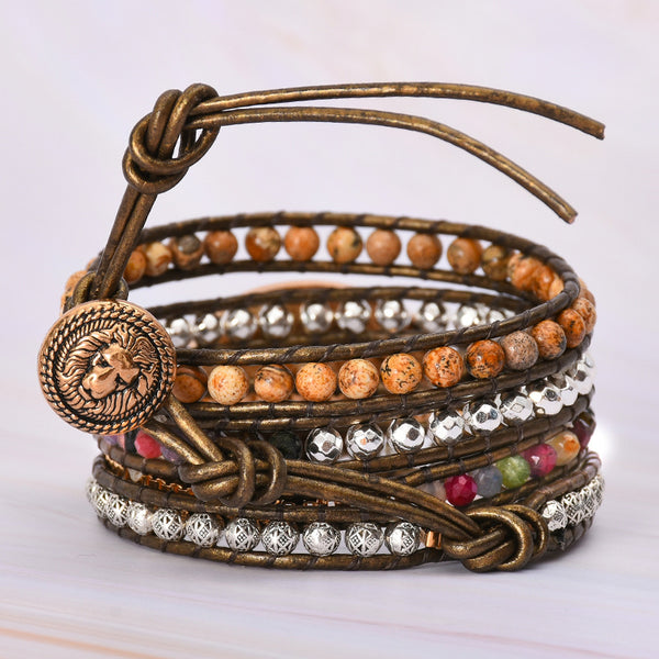 Pulsera de Cuero con Piedra de Imagen Natural y 5 Anillos Enrollados