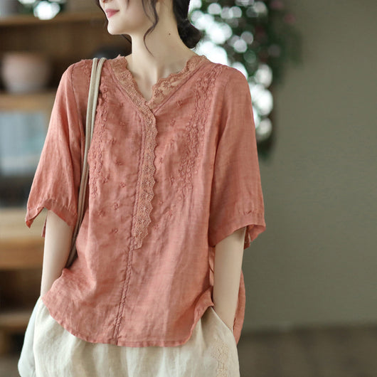 Blusa de Lino Ramio con Cuello en V y Encaje Bordado para Mujer - Image 4