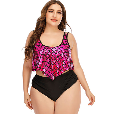 Traje de Baño Talla Grande con Estampado de Escamas, Cintura Alta y Escote Hoja de Loto - Image 3