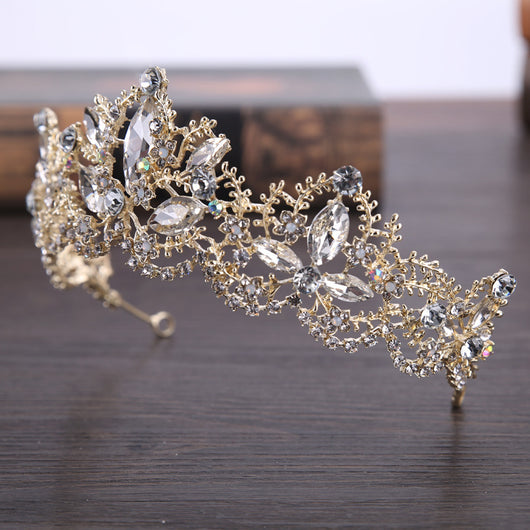 Corona Tiara Nupcial de Cristal Barroco Lujo con Acabado Oro Claro - Image 6