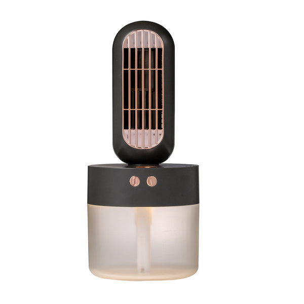 Small white and rose gold humidifier fan with an oval fan unit and a translucent cylindrical water tank. - Image 4