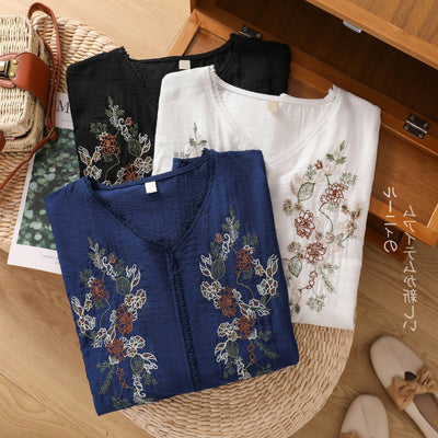 Blusa Suelta de Algodón y Lino con Escote V y Manga Corta para Mujer - Image 3