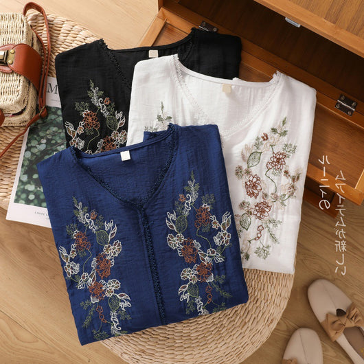 Blusa Suelta de Algodón y Lino con Escote V y Manga Corta para Mujer - Image 3