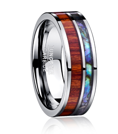 Anillo de Tungsteno Carburo 8MM con Incrustación de Madera Natural para Hombre