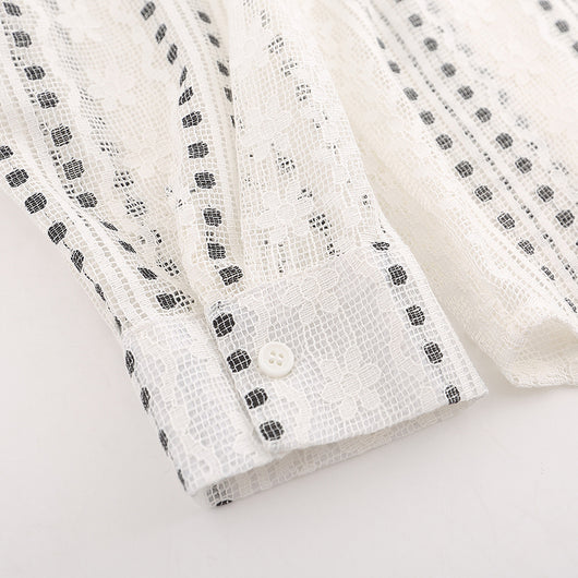 Blusa Suelta de Encaje Calado y Manga Larga con Lunares y Rayas Jacquard - Image 5