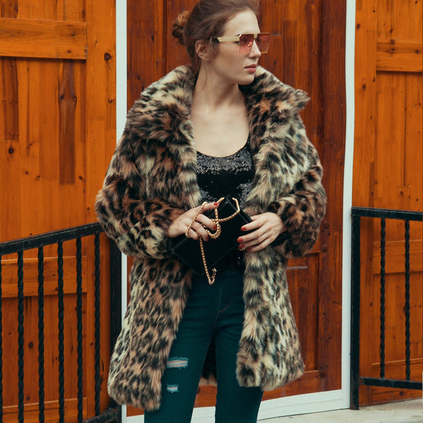 Abrigo de Piel de Leopardo Estilo Europeo y Americano con Solapa