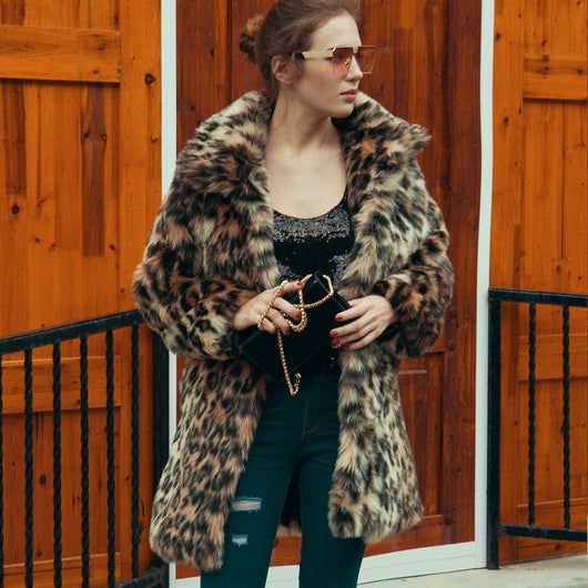 Abrigo de Piel de Leopardo Estilo Europeo y Americano con Solapa