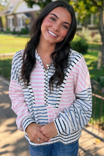 Blusa Oversized Patchwork a Rayas Multicolor con Hombro Caído - Image 5
