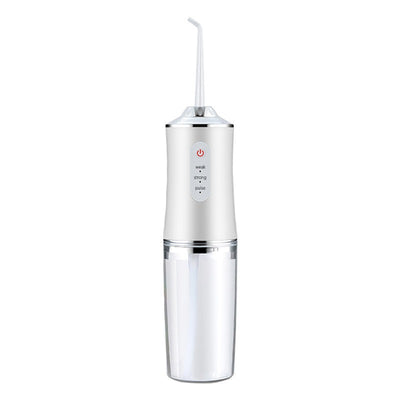 Pink portable electric oral irrigator with clear water tank and four nozzles, highlighting adjustable pressure and pulse mode. - Image 4