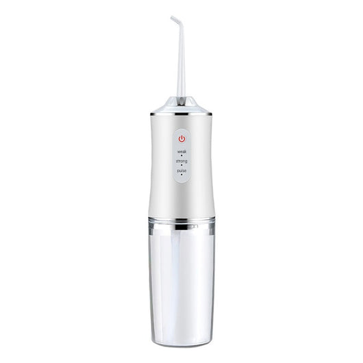 Pink portable electric oral irrigator with clear water tank and four nozzles, highlighting adjustable pressure and pulse mode. - Image 4