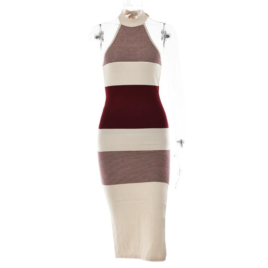 Vestido Halter Asimétrico de Punto Sin Mangas - Diseño Elegante Contrastante - Image 5