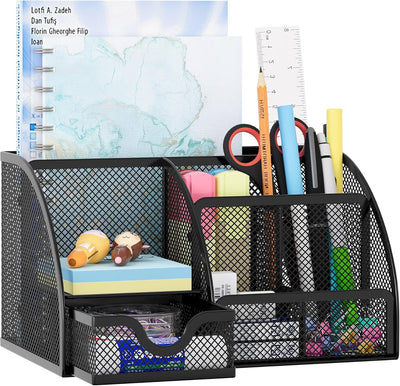 Organizador de escritorio EasyPAG de malla – Multifuncional, 6 compartimientos con cajón, ideal para papelería escolar y oficina, color negro - Tekeno