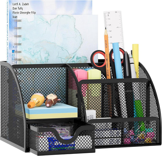 Organizador de escritorio EasyPAG de malla – Multifuncional, 6 compartimientos con cajón, ideal para papelería escolar y oficina, color negro - Tekeno