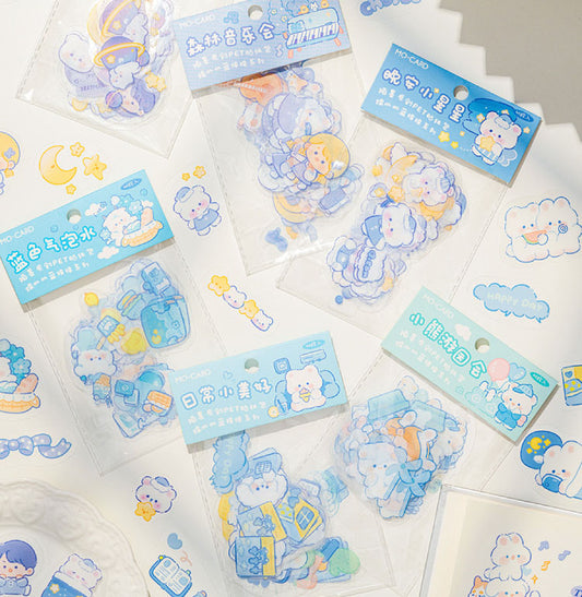 Waxy Ji Blue Mian Series cartoon stickers featuring cute bears and a boy in space with planets, stars, and rockets.