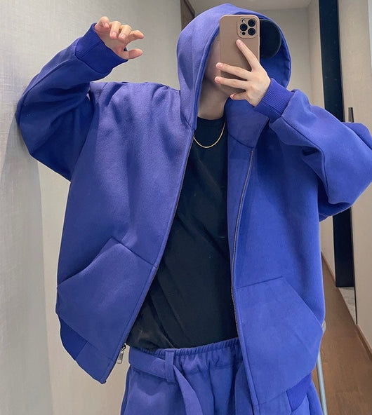 Chamarra Hoodie Azul Suelta con Cierre - Abrigo Corto Retro para Hombre - Image 11
