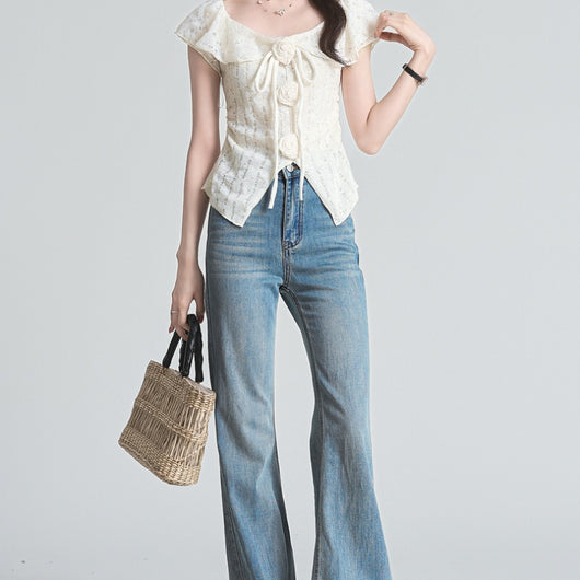 Blusa Floral Tridimensional Estilo Francés Manga Corta - Image 9
