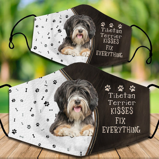 Two cotton face masks with a Bichon Frise dog, paw prints, and bones on a white and brown background. Text reads "Bichon Frise KISSES FIX EVERYTHING." - Image 65