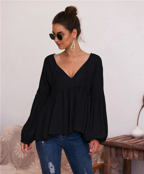 Blusa V-Neck con Mangas Abullonadas en Colores Sólidos - Image 3