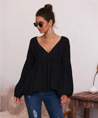Blusa V-Neck con Mangas Abullonadas en Colores Sólidos - Image 3