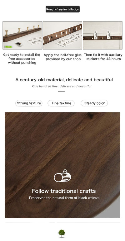 Perchero de Pared Nórdico en Madera Maciza con Ganchos de Latón - Estilo Japonés Nogal Negro - Image 31