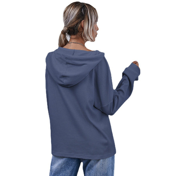 Camisa Hoodie con Botones de Color Sólido para Mujer