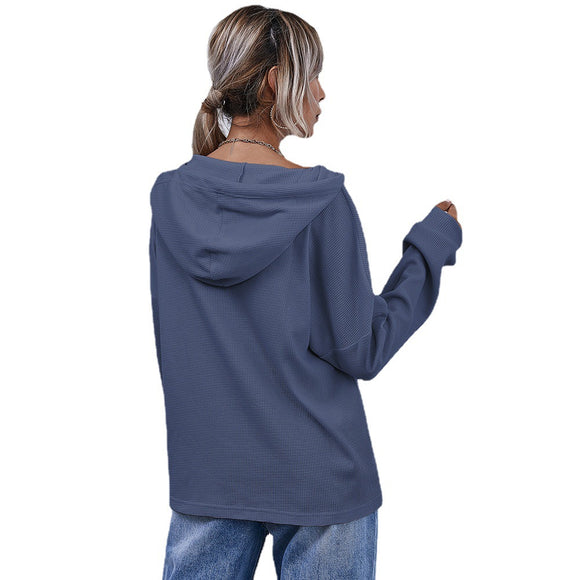 Camisa Hoodie con Botones de Color Sólido para Mujer