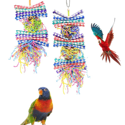 Colorful parrot toy with woven blue, white, and red paper strips, filled with bright crinkly paper, on a wooden background. - Image 12