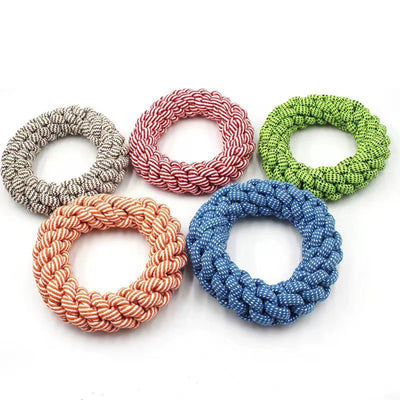 Stack of five durable braided rope dog toys in brown, green, orange, blue, and red, suitable for chewing. - Image 2