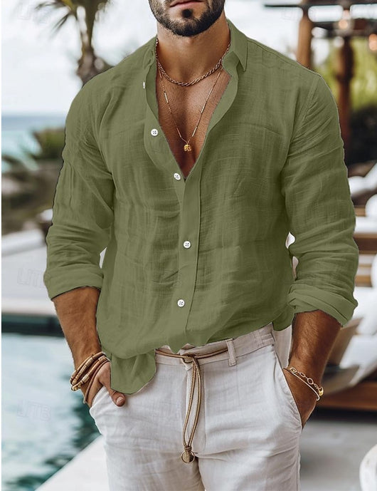 Camisa Casual de Algodón y Lino para Hombre - Manga Larga Color Sólido - Image 29