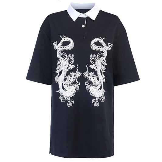 Polo Estilo Dark Country con Patrón de Dragón para Mujer