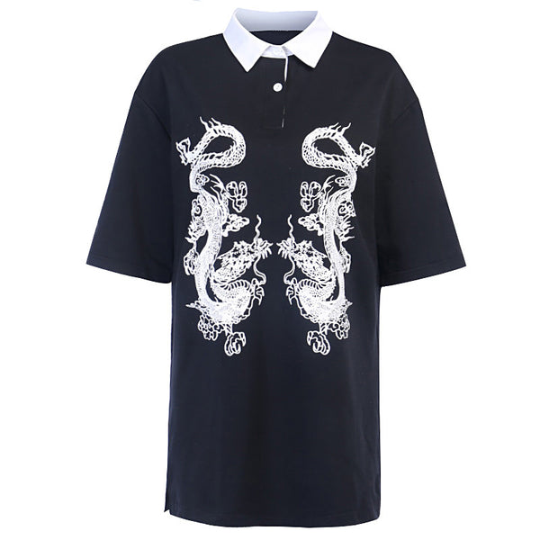 Polo Estilo Dark Country con Patrón de Dragón para Mujer