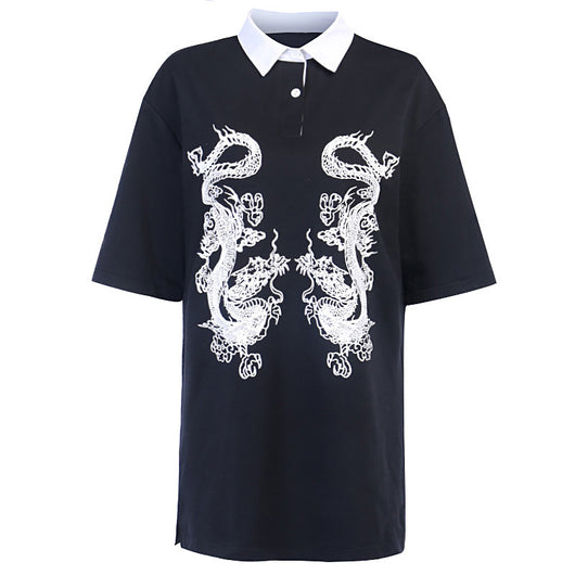 Polo Estilo Dark Country con Patrón de Dragón para Mujer