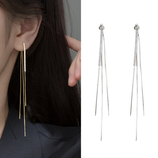 Aretes Largos de Cadena Ósea con Borla y Diamantes - Estilo Minimalista Frío