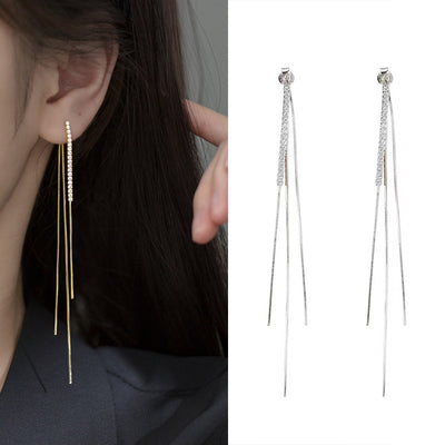 Aretes Largos de Cadena Ósea con Borla y Diamantes - Estilo Minimalista Frío