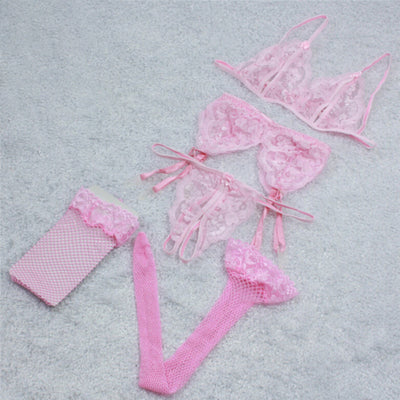 Conjunto de 4 Piezas: Liguero de Encaje, Medias de Malla y Ropa Interior Sensual - Image 8