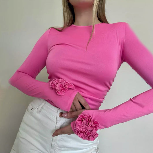 Blusa Floral 3D Cuello Redondo Manga Larga Ajustada - Image 10