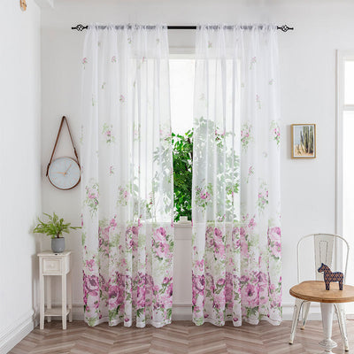 Sheer white mesh curtains with purple and light blue floral patterns, hung on a black rod in a bright room. - Image 7