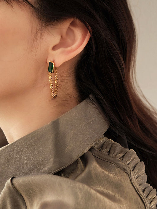 Aretes Largos de Cristal Verde Esmeralda con Borla Vintage Trendy - Image 15