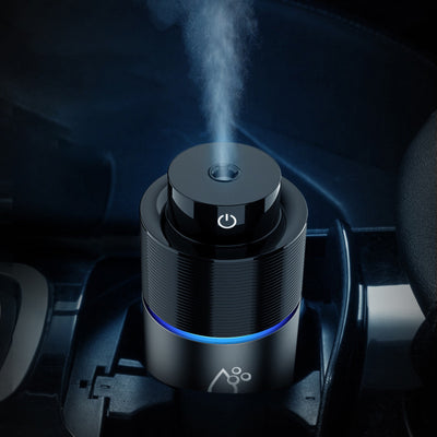 White car mini spray air purifying humidifier with a yellow light ring and a power button icon. - Image 13